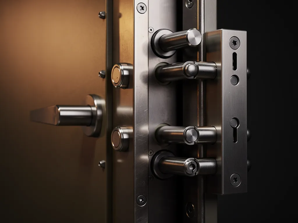 Détail d'un blindage de porte et de sa serrure multipoints