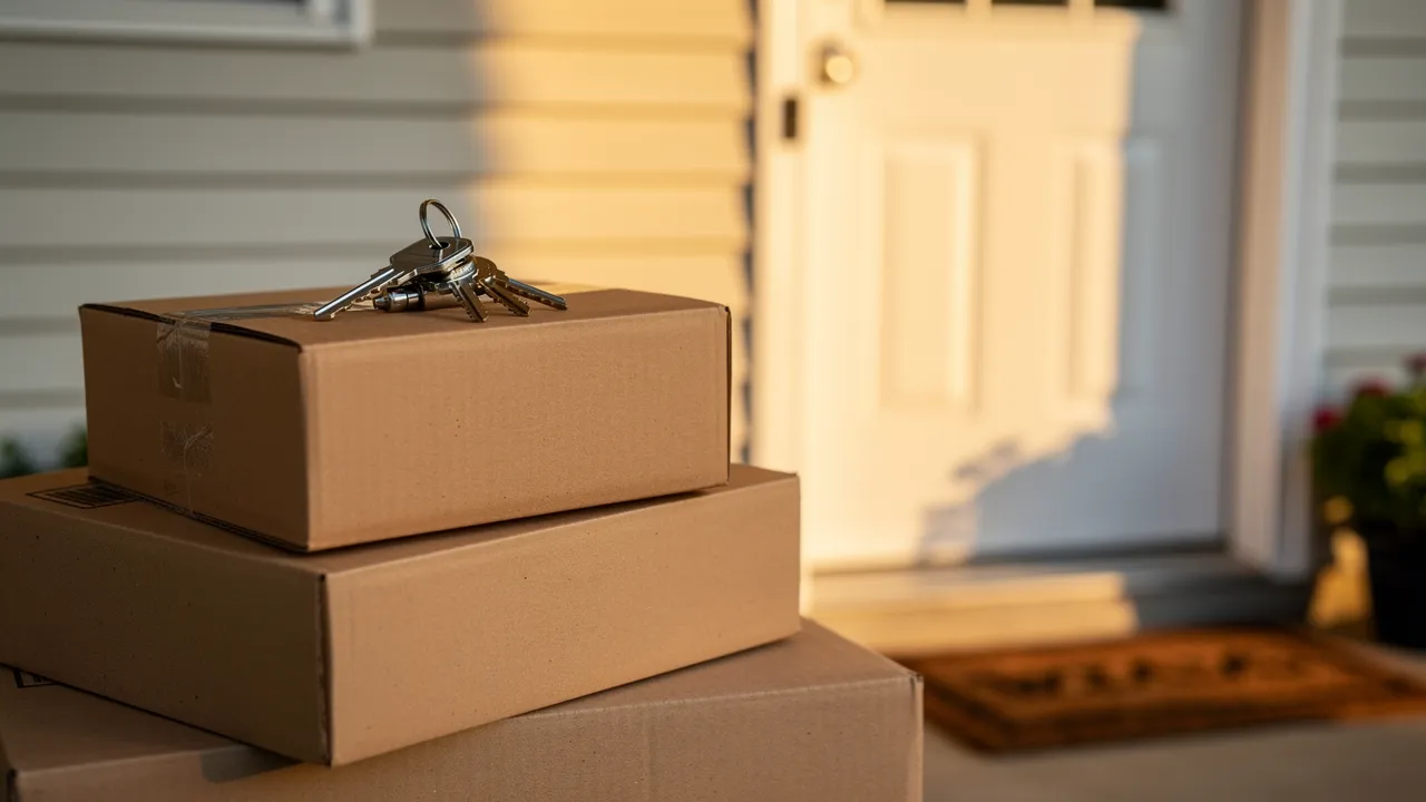 Cartons de déménagement devant une maison à Saint-Estève