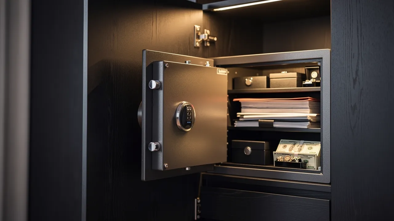 Coffre-fort domestique ouvert dans un placard