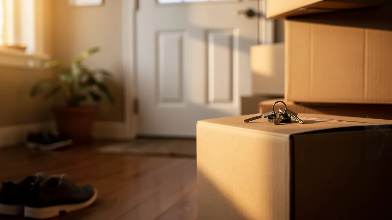 Cartons de déménagement devant une porte d'entrée