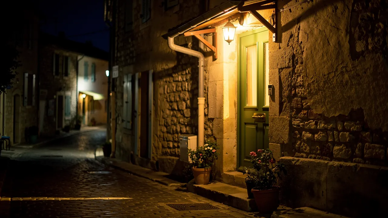 Porte d'entrée éclairée la nuit au Boulou