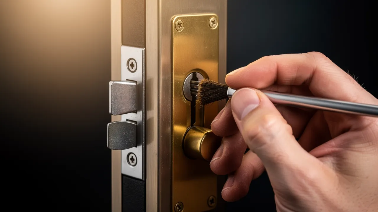 Gros plan sur l'entretien d'une serrure de porte d'entrée