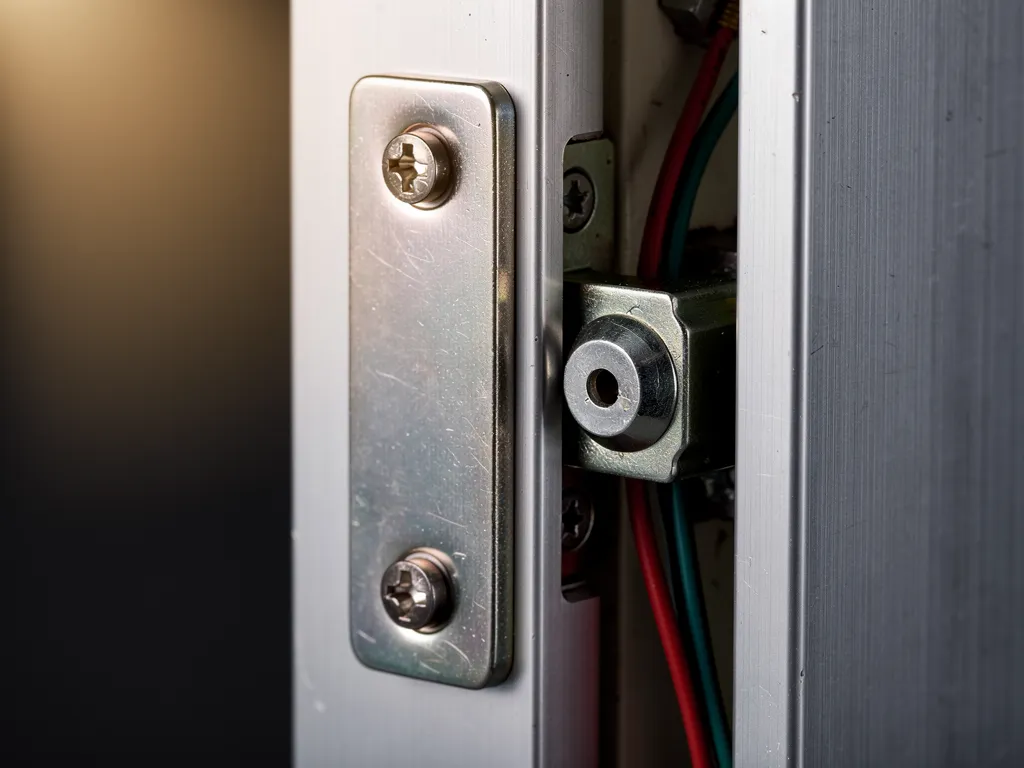 Gâche électrique installée sur le dormant d'une porte