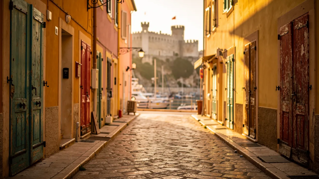 Ruelle colorée de la vieille ville de Collioure avec ses portes anciennes