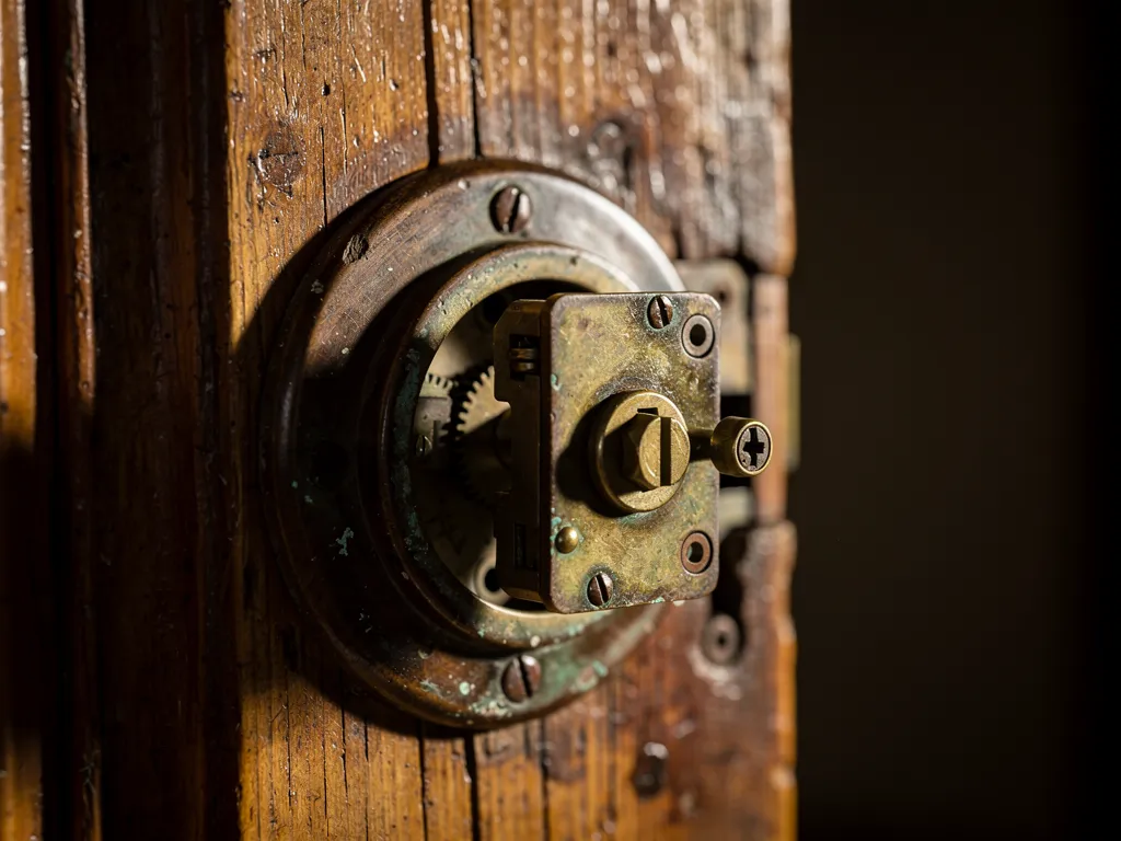 Serrure en applique ancienne sur une porte en bois