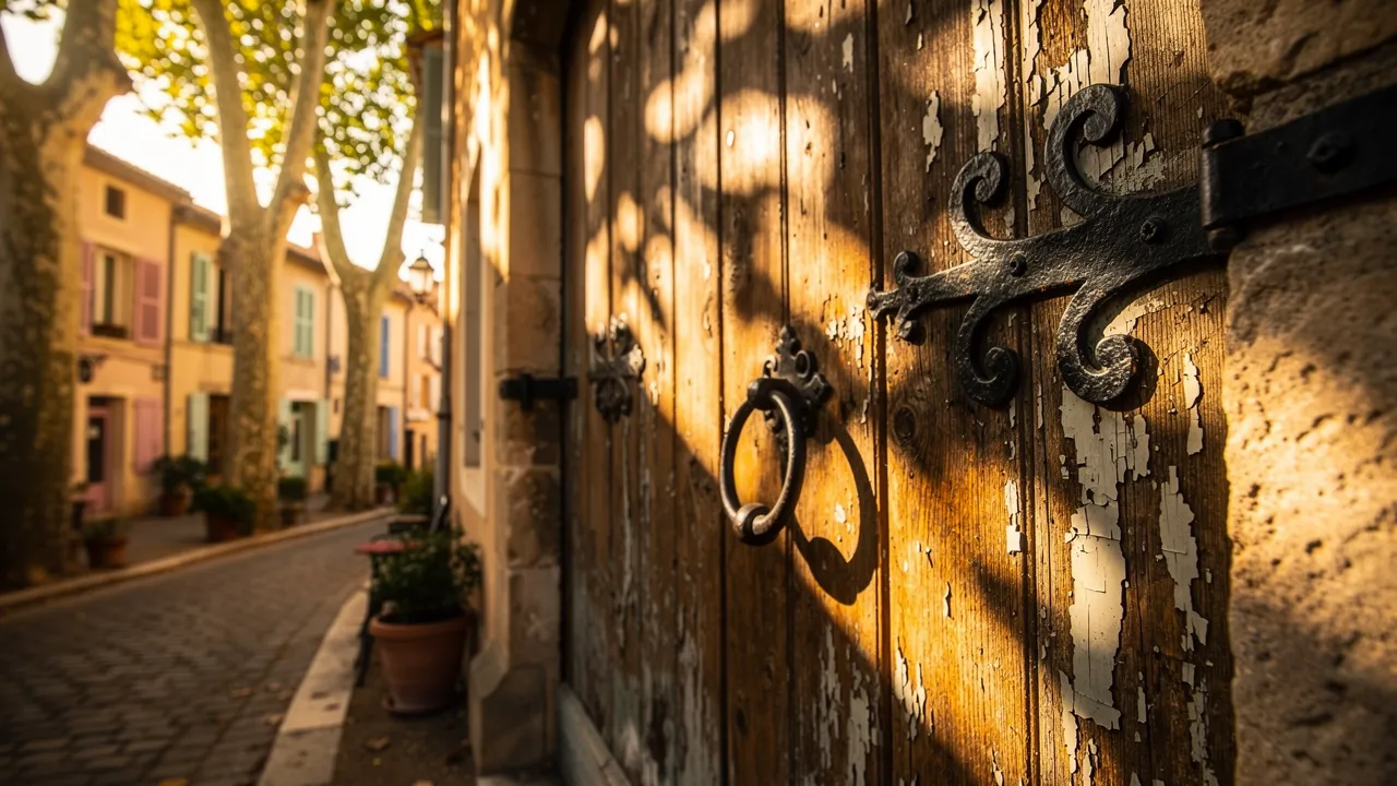 Porte en bois ancienne dans une ruelle du centre de Céret