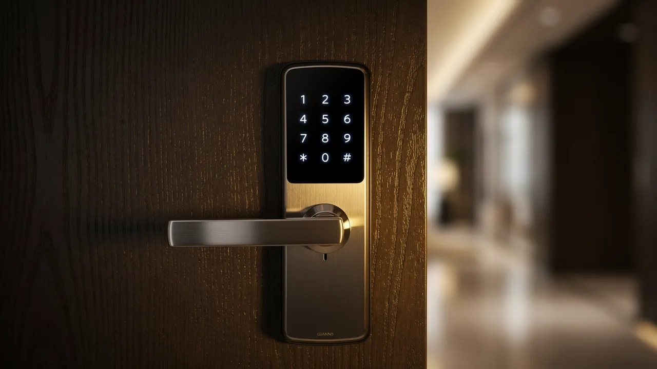 Serrure connectée sur une porte d'entrée moderne